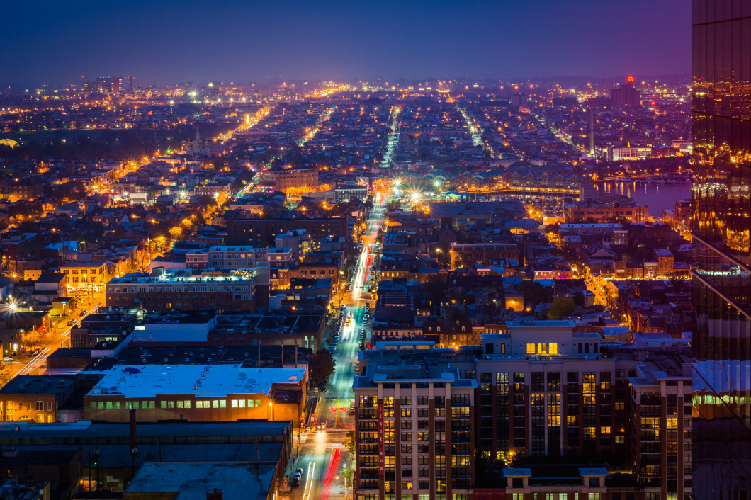 View of Harbor East and Canton at night, in Baltimore, Maryland.
