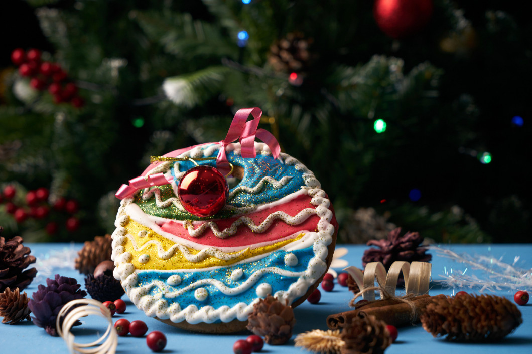 Homemade gingerbread cookie colorful christmas tree bauble