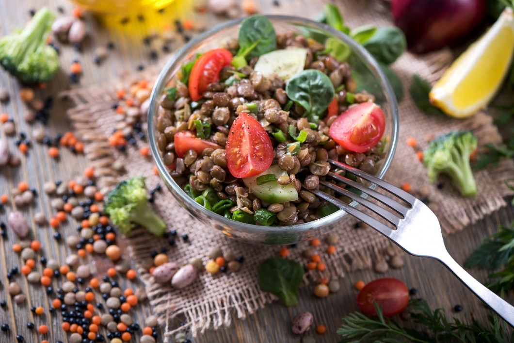 Lentil salad with veggies, healthy food, vegetarian and vegan sn