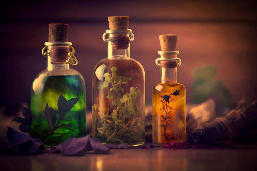 Spa still life with herbs and essential oil on wooden background.