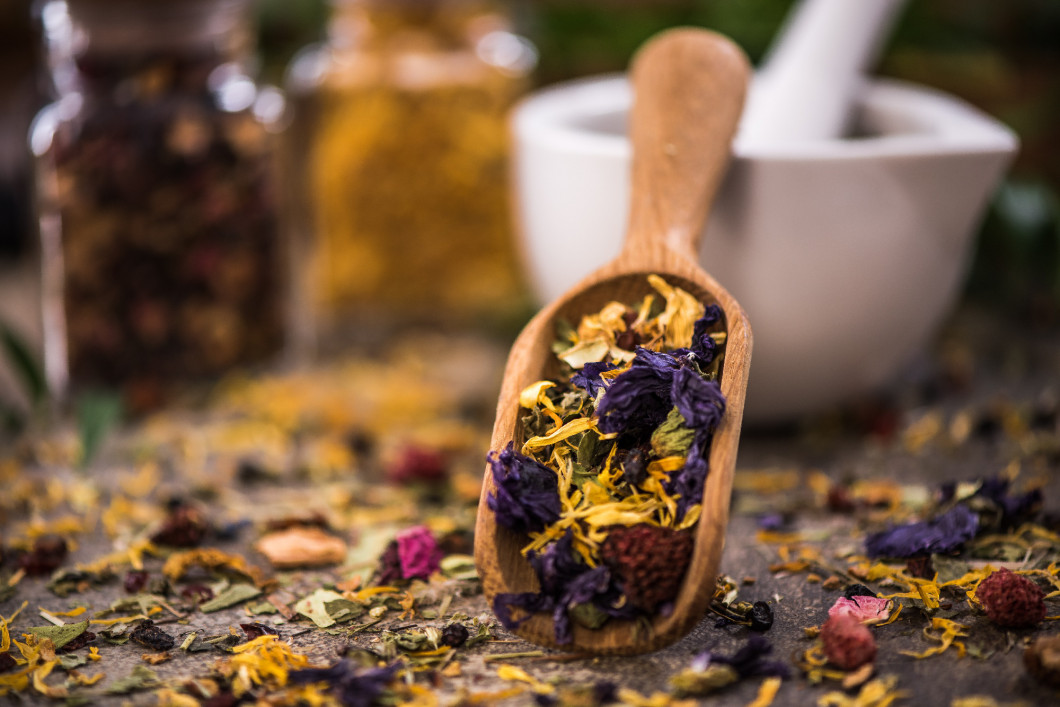 Aromatic tea with dried flowers and fruits