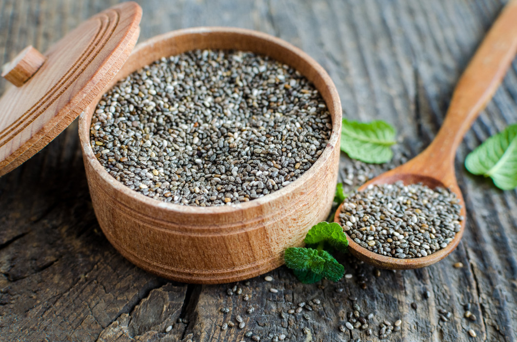 Healthy Chia seeds in a wooden bowl