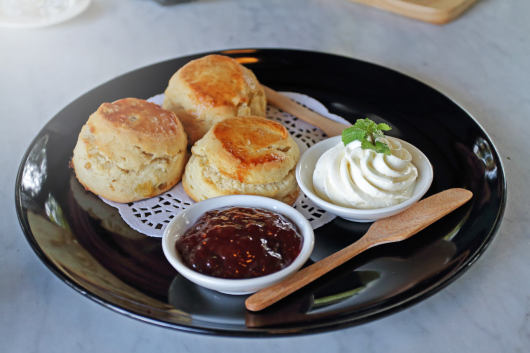 Cherry Scone with strawberry jam. effect soft light