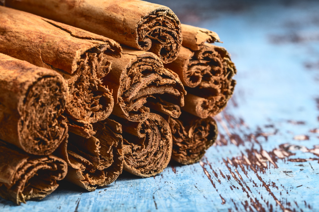 Bunch of fresh Indian cinnamon sticks on blue wooden table