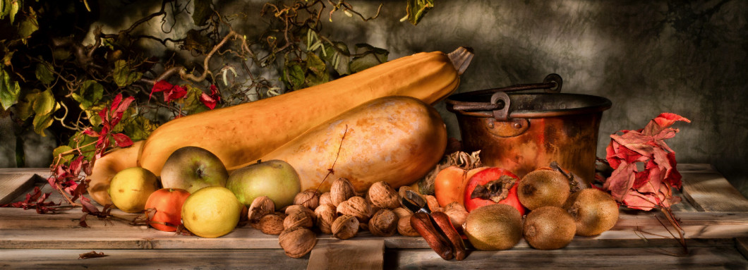 Light painted autumn fruit still life