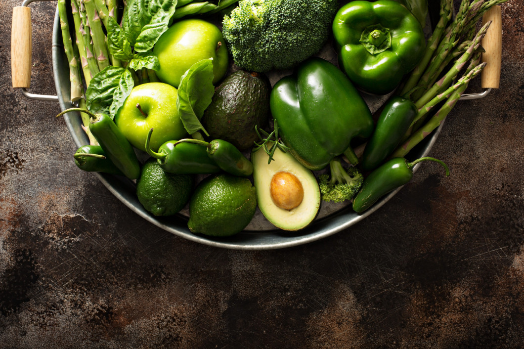 Variety of green vegetables and fruits