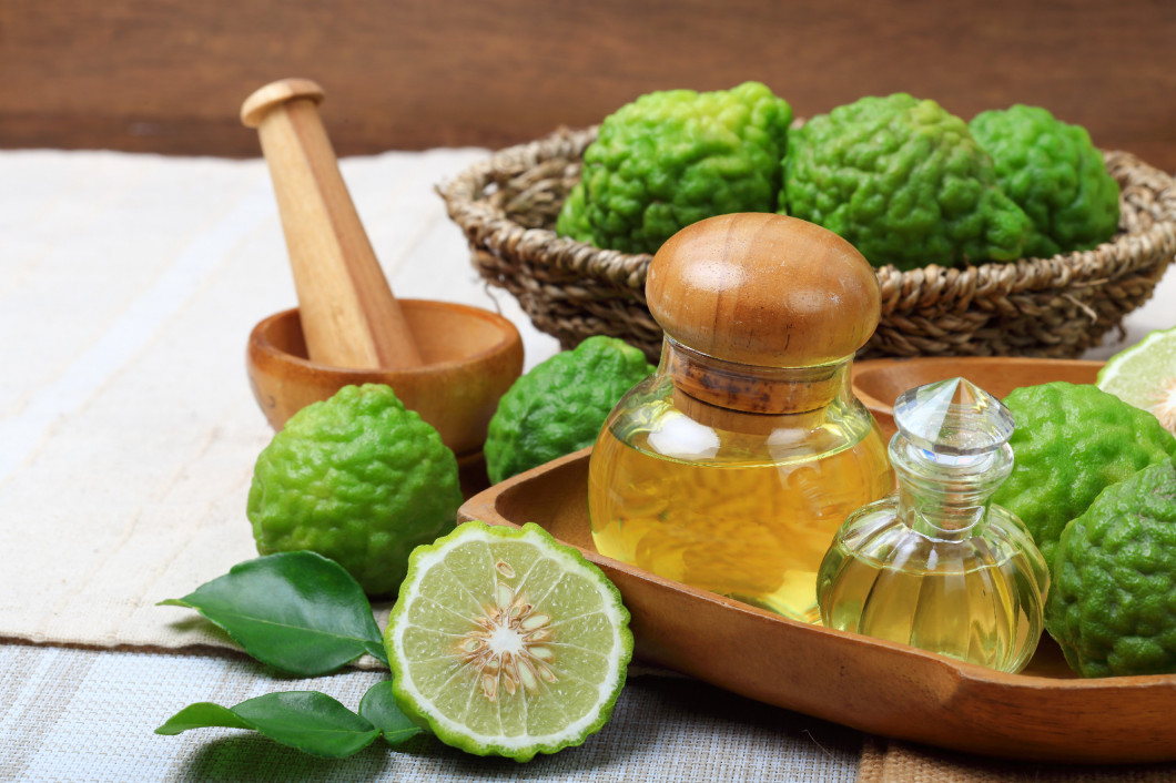 bergamot with aromatic spa of bottles essential oil 