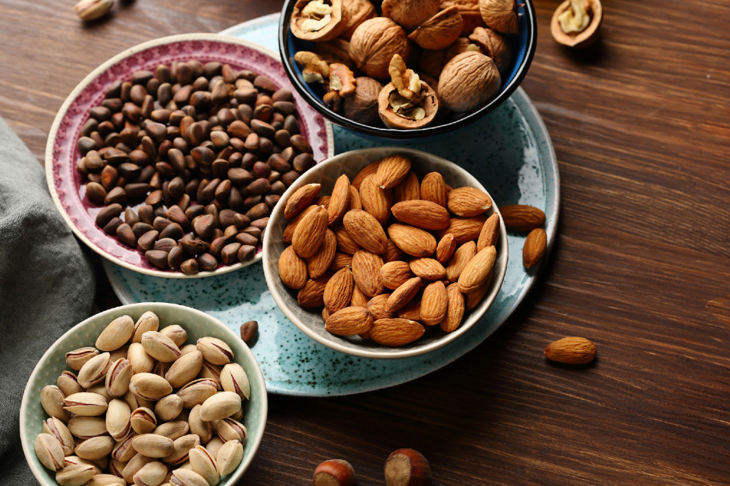 Assorted nut on wooden table