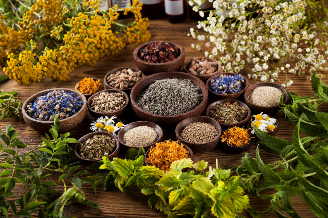 Herbal medicine on wooden desk background