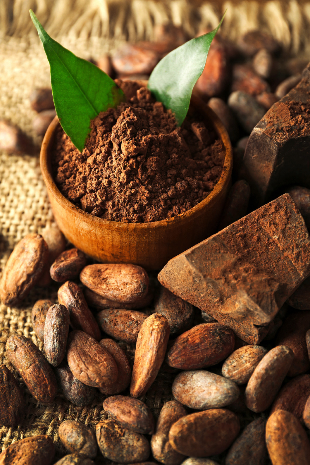 Bowl with aromatic cocoa powder and green leaf on a sacking, clo