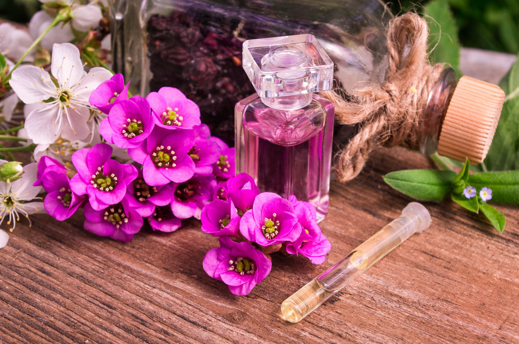 essential oil  in glass bottle