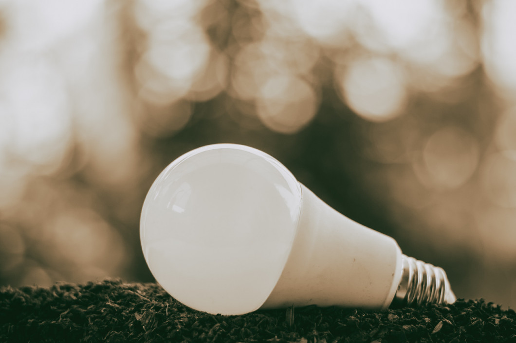 LED light bulb on soil for saving energy and environment concept