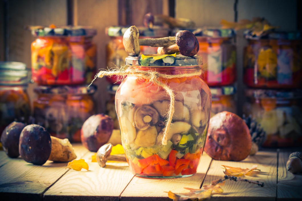 Autumn harvest mushrooms marinated vegetables jars