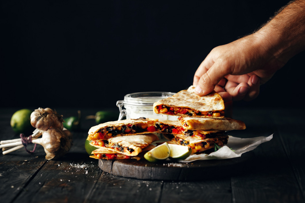 Vegetarian Appetizer dark wooden background quesadilla vegetables cheese