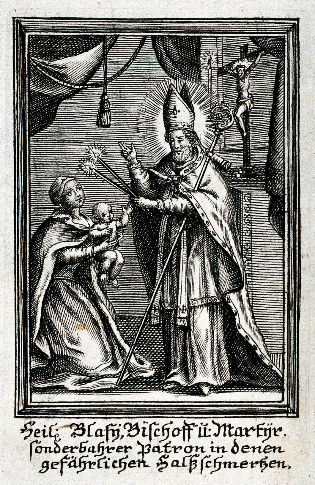 Saint Blaise blessing a baby with a dangerous throat disease (su