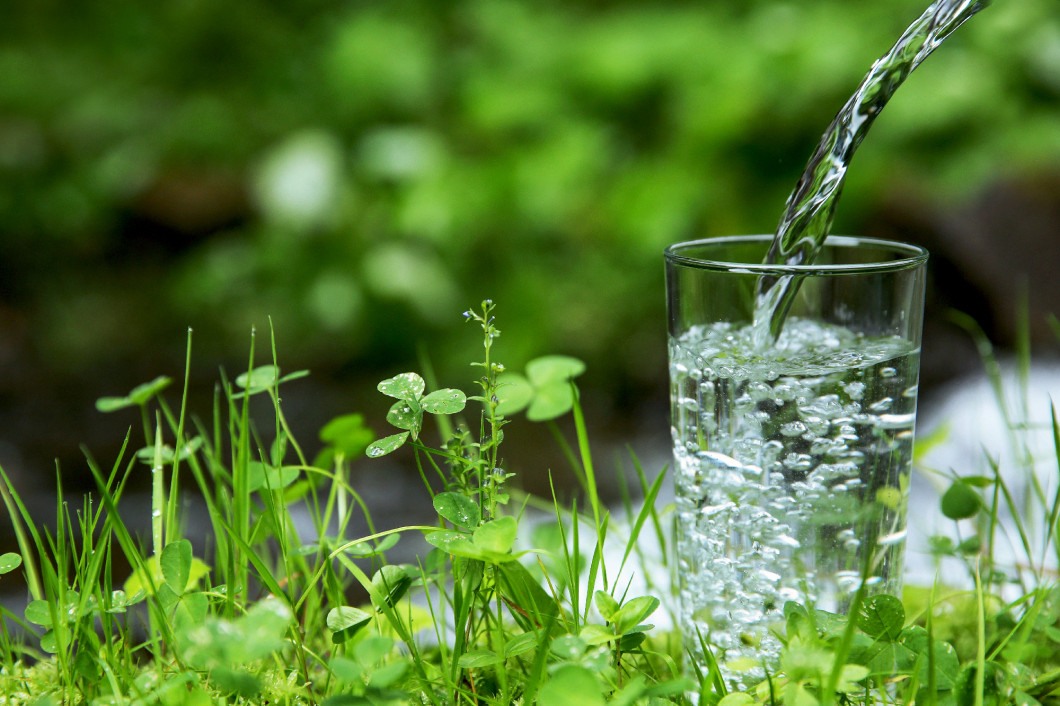 Pouring water in cup on green background