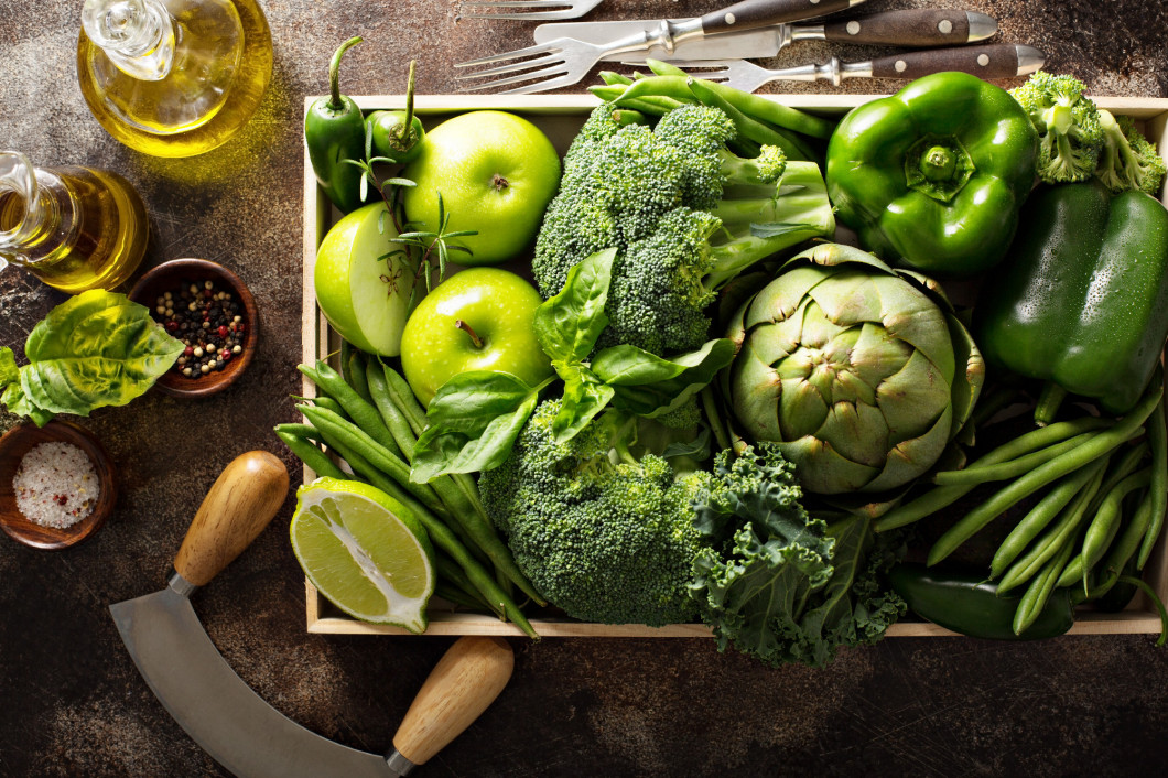 Variety of green vegetables and fruits