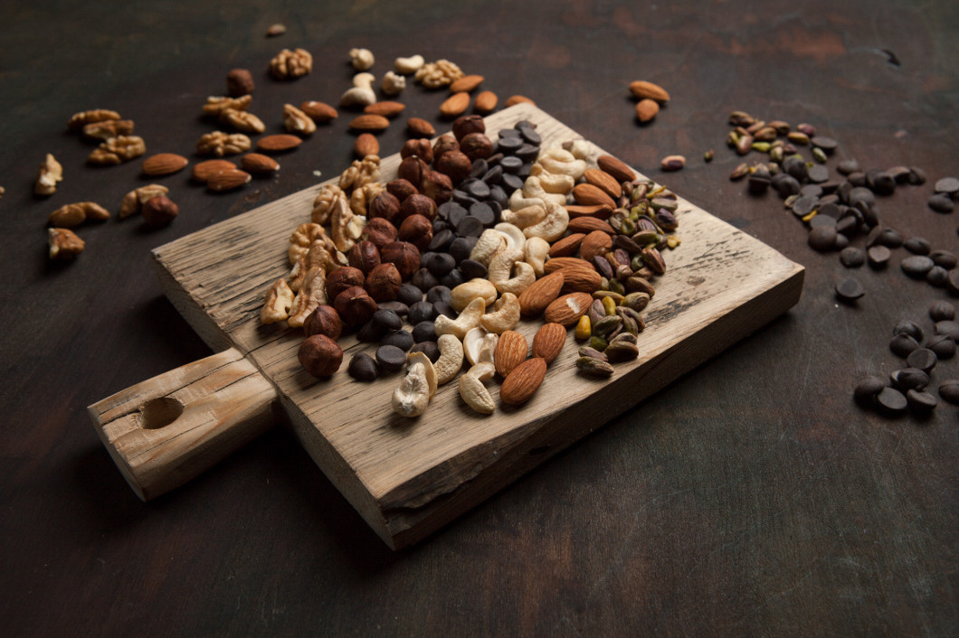 Nut mix and chocolate. Selective focus.