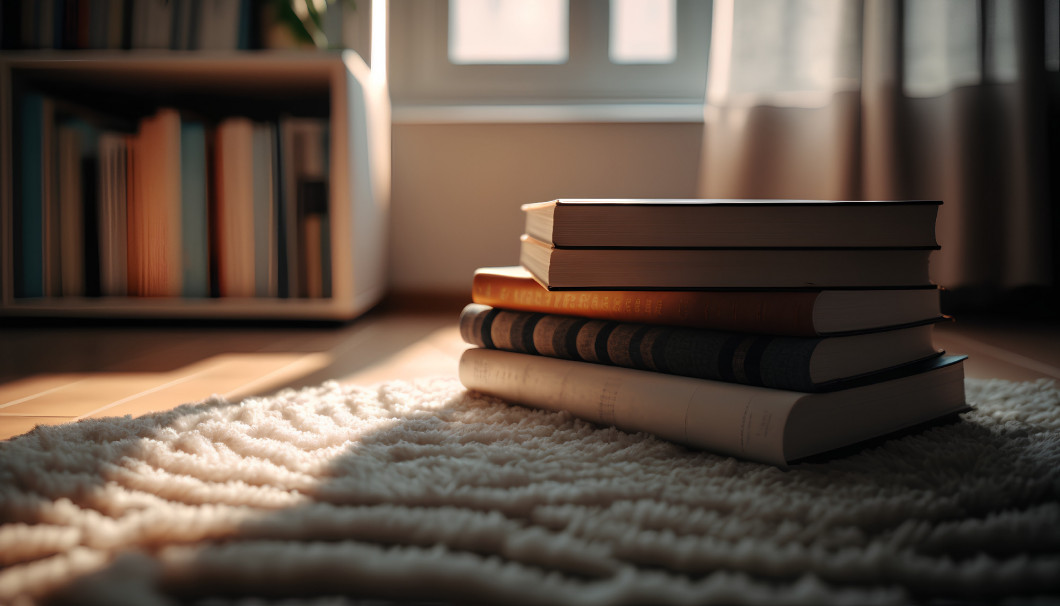 Pile of books on the floor in the room. Selective focus.