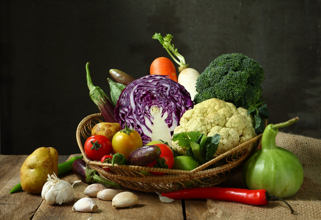 Still life harvested vegetables agricultural  on wooden backgrou