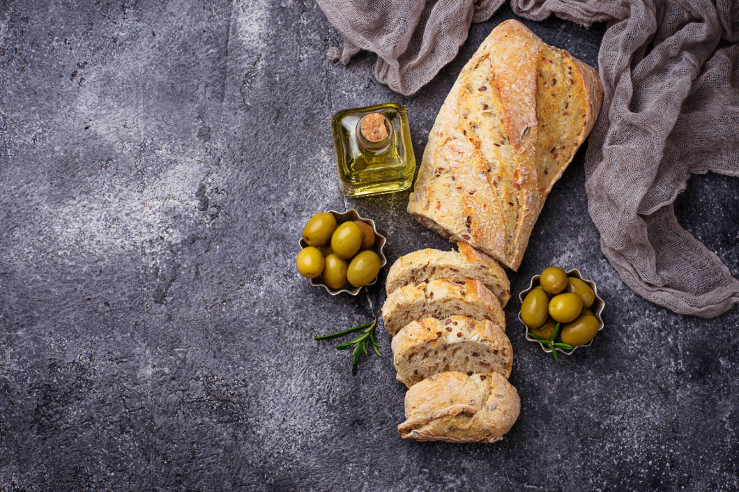 Italian ciabatta bread with olives. 