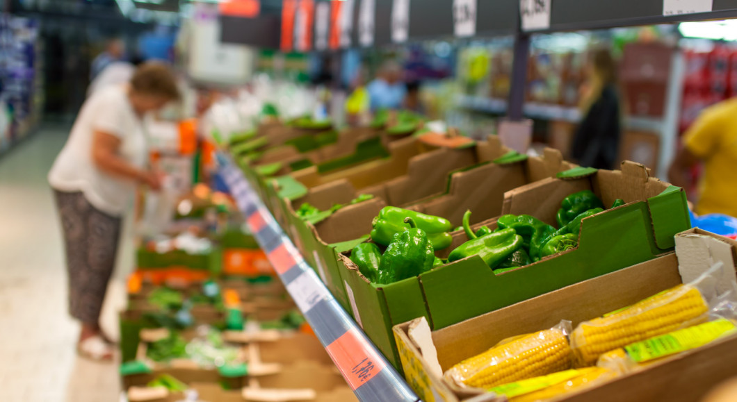 Fruits and vegetables on the shelves at a mall