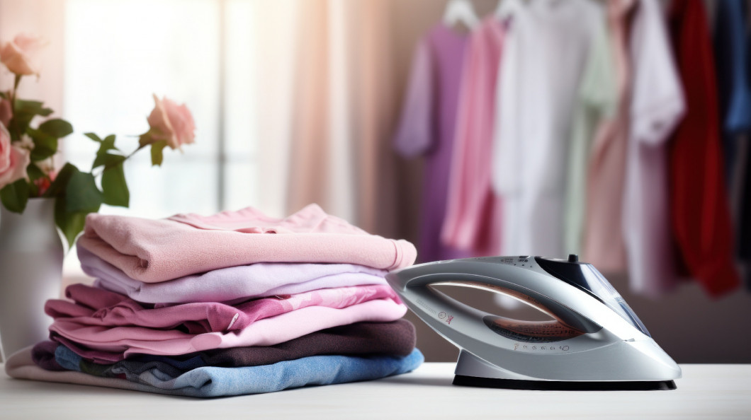 Electric iron and pile of clothes on ironing board