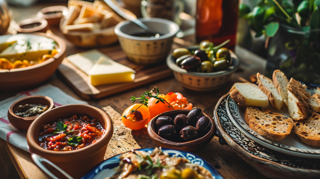 Healthy Turkish Breakfast Spread with Olives and Cheese,Generat