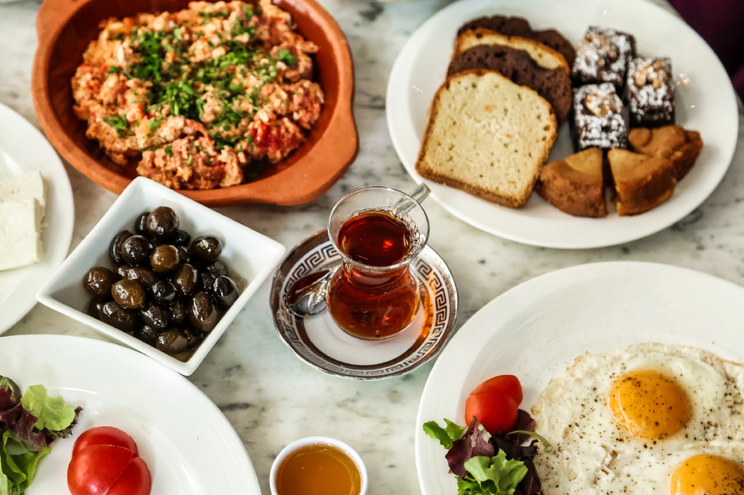 Turkish Breakfast Spread on Marble Table