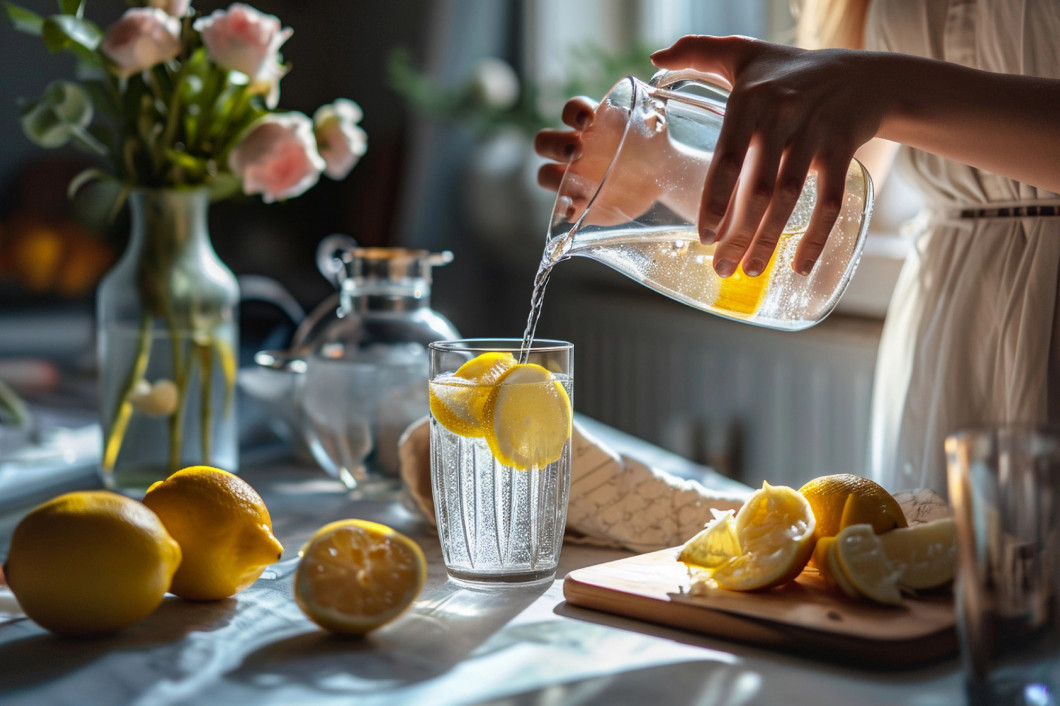  a woman pouring water with lemon into a glass, , healthy life concept, modern kitchen interior