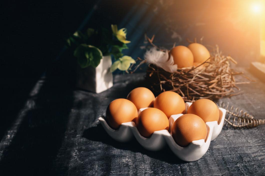 fresh eggs in a white ceramic tray on a wooden rustic table. raw brown eggs in a reusable porcelain stand. copy space. Still life in a rustic style