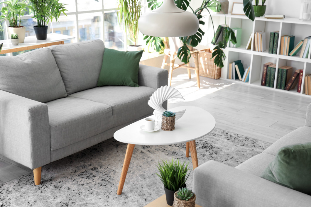 Interior of modern living room with grey sofa, coffee table and houseplants�