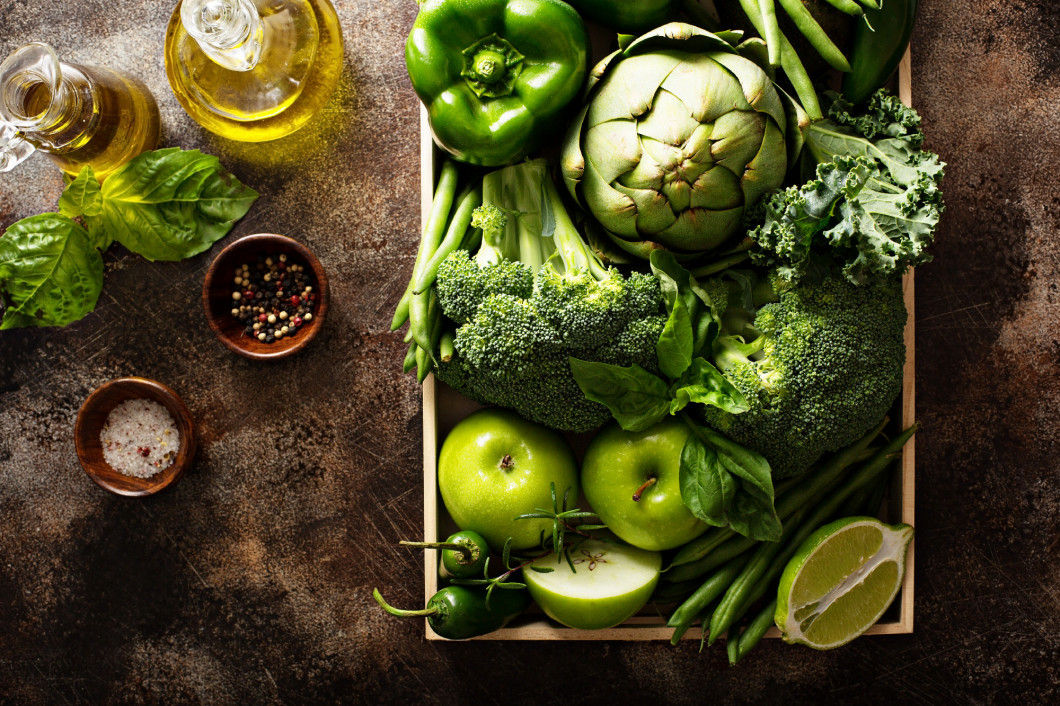 Variety of green vegetables and fruits