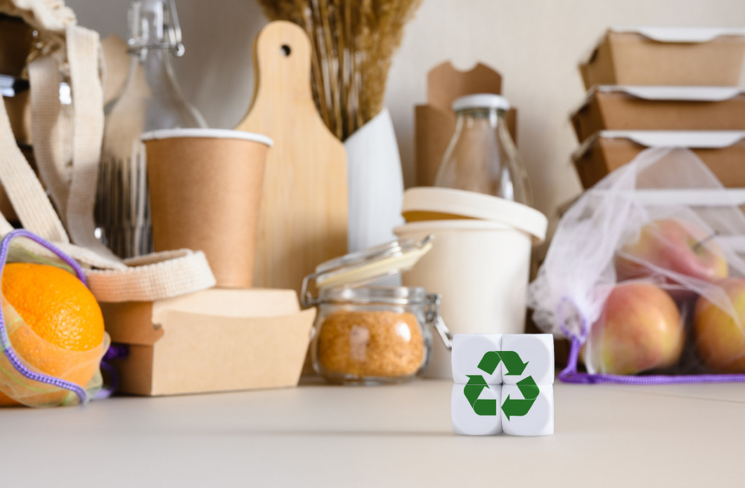 Cubes with a recycling sign against the background of eco-friend