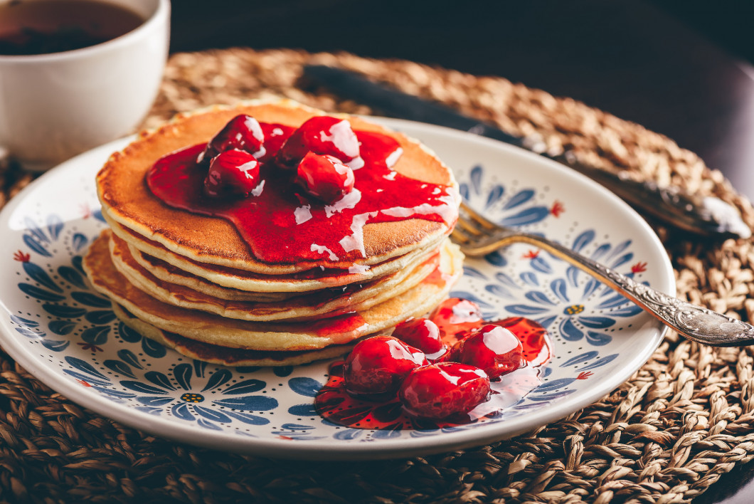 Stack of pancakes with dogberry jam