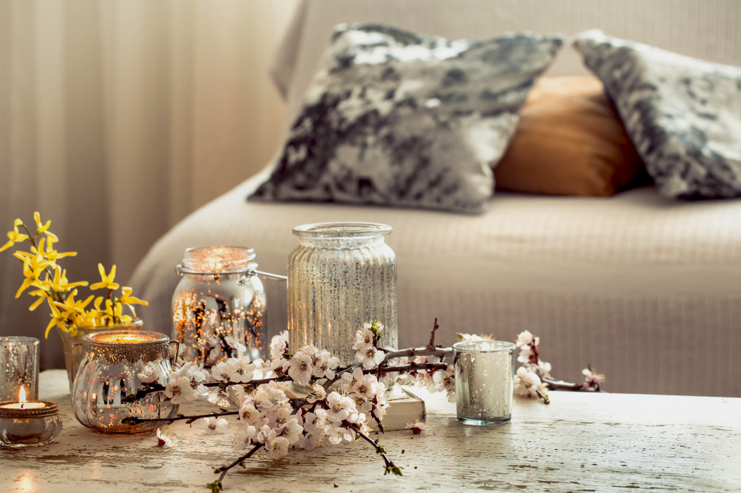 still life flowers with decorative objects in the living room