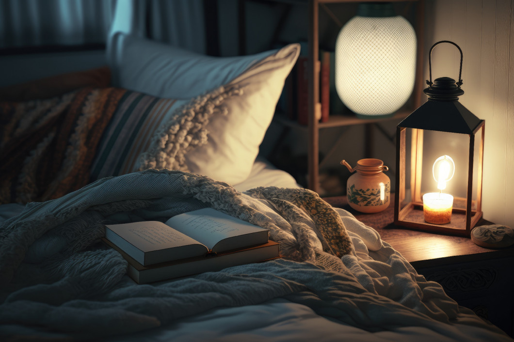 nighttime bedroom with warm lighting, cozy blankets, and a book on the nightstand