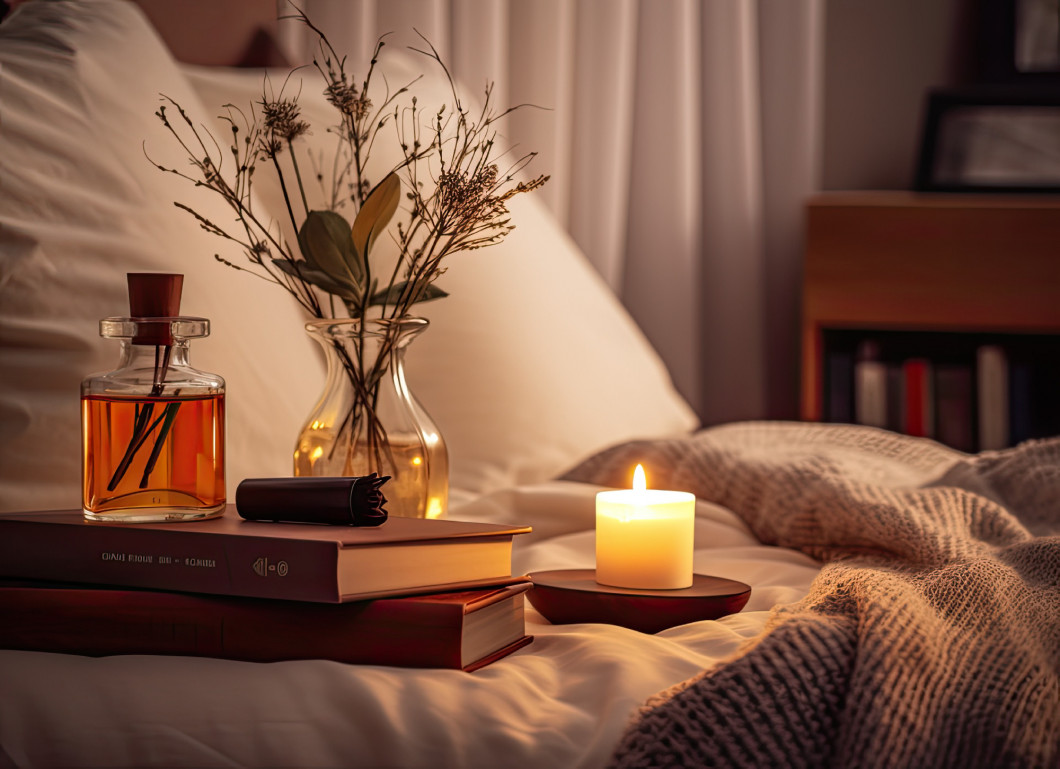 A glass bottle of home perfume stands adorned with wooden sticks, emanating a soothing fragrance. Scented candles emit their gentle glow, while an open paper book rests nearby.