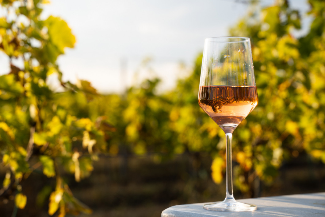 glass of rose wine on a table in the vineyard with blue sky