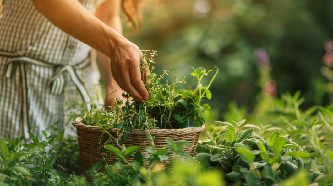 Caucasian female gardener harvesting fresh mint in a sunlit garden. Concept of organic farming, herbal plants, sustainable gardening