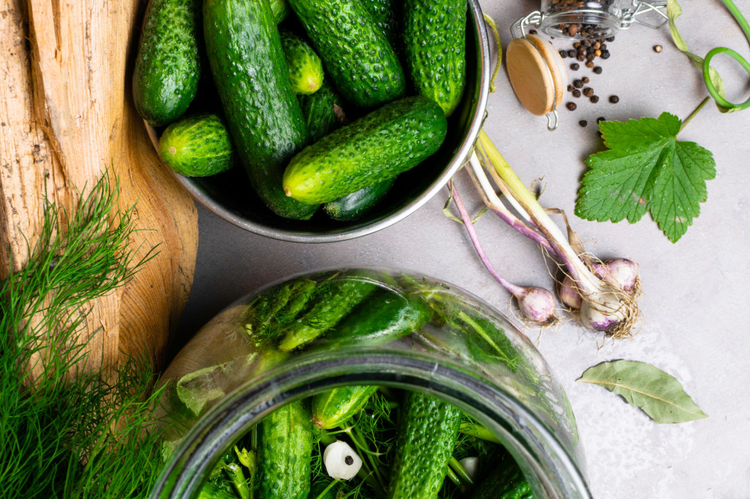 Ingredients for preservation on grey table-cucumbers, garlic, dill seed, pepper, seasonings and spices