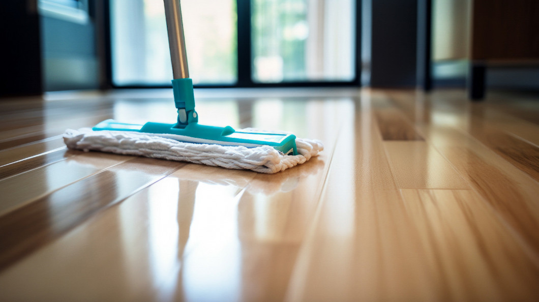 A mop sitting on top of a hard wood floor