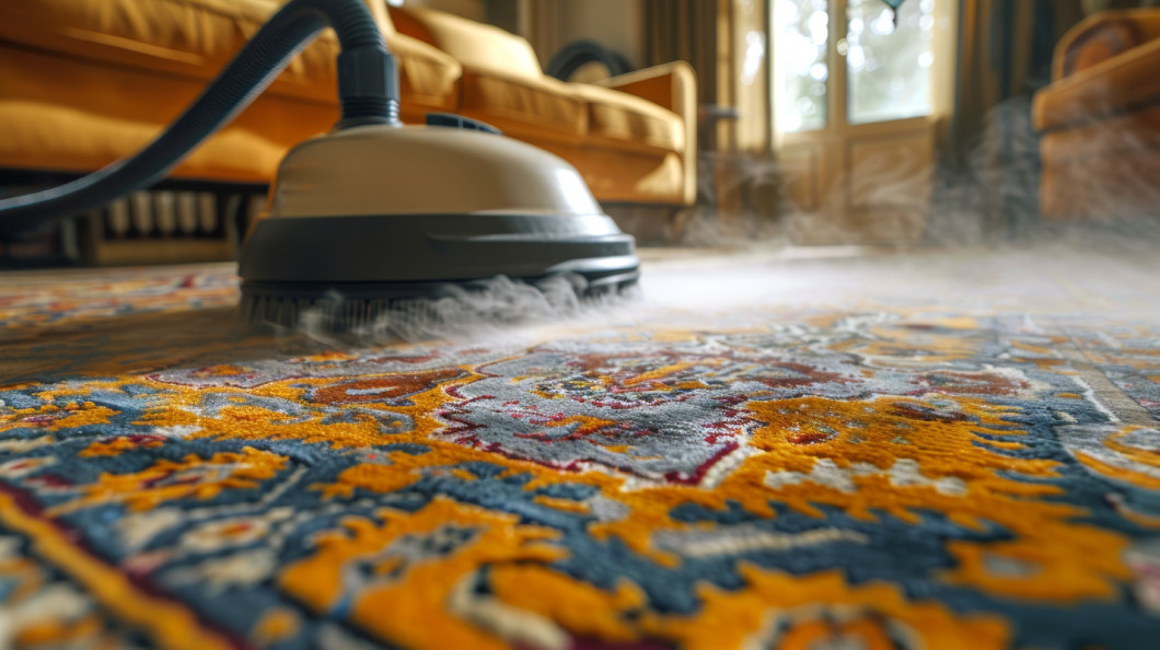 Deep cleaning a vibrant carpet with a professional machine. Close-up of a rug cleaner in action. Concept of home maintenance, cleanliness, and professional cleaning service