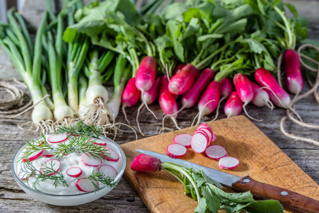 Dietary breakfast, cottage cheese with radish, healthy vegetarian food concept