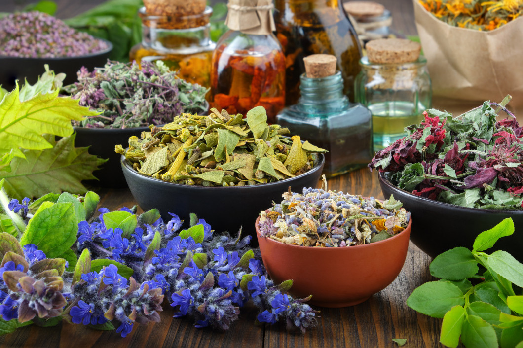 Bowls of dry medicinal herbs - mistletoe, wild marjoram, heather